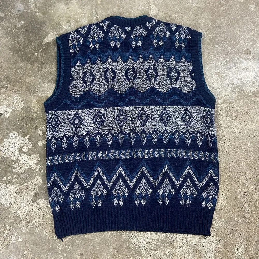 Vintage 80s Woodland Trail Sweater Vest Size Large Blue Button Down Cardigan